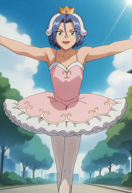 score_9, score_8_up, score_7_up, score_6_up, anime screencap, anime coloring, <lora:PMJamesV1_epoch_10:0.8>, PMJames, blue hair, hair between eyes, short hair, green eyes, 
mature male, crossdressing, ballerina, crown, fur hairband, pink dress, tutu, white pantyhose,
smile, looking at viewer, open mouth, arms up, outstretched arms, leaning forward, cowboy shot, solo focus, 
BREAK blue sky, sunlight, sunbeam, park, cloud, cityscape, nature,