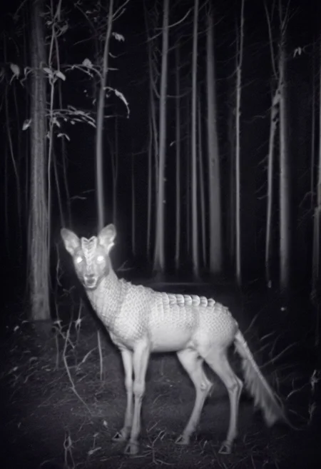score_9, score_8_up, score_7_up, score_6_up, score_5_up, score_4_up, rating_safe, horror_theme, kirin_(mythology), solo, frown, looking at viewer, open mouth, feral, detailed, short, short body, face close up, detailed, dark forest, glowing eyes, droopy ears, crawling, forest, side view, cctv, night, overexposure,dark,motion blur,blurry background,grayscale,low quality, photo, irl, monochrome, head turned, looking at viewer, looking at you, grainy footage