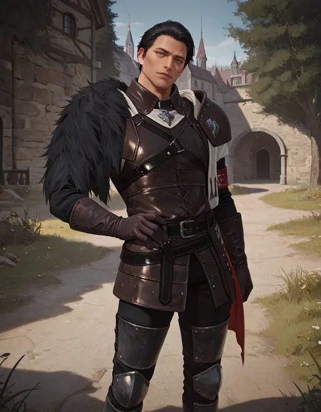 cinematic_depth, 8k, soft_lighting, warm_glow, ultra_high_quality, masterpiece, best quality, newest, perfect quality, intricate details, detailed background, male focus, realistic, solo, <lora:Throne and Liberty - Robert - Illustrious-000005:0.7>, tl_robert, 1boy, mature male, stubble, black hair, grey eyes, leather armor, fur-trimmed pauldron, side cape, leather gloves, leg armor, outdoors, trees, grass, plants, looking at viewer, head tilt, medieval city, hand on own hip, contrapposto