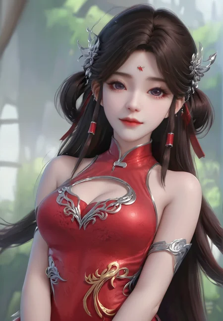 looking_at_viewer,cowboy_shot,(v_arms:1.4),1girl,solo,dress,(face light:1.5),hair ornament,portiart,from front,masterpiece,(best quality),official art,extremely detailed cg 8k wallpaper,((crystalstexture skin)),(extremely delicate and beautiful),solo,photo_\(medium\),hiqcgbody,chinese background,(smile:0.8),red cheongsam,eye-contact,jewelry,long hair,<lora:huolinger_V2-000008:1>,