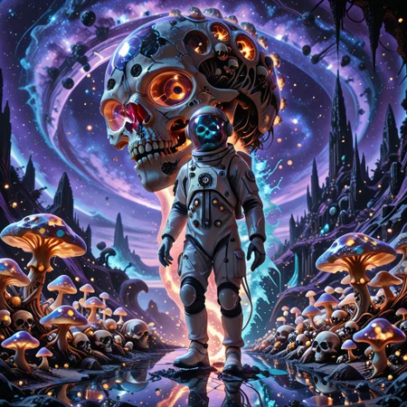 cf_style, skullthemeXL, outer space lighting, soft blue bioluminescence, cartoon realism, atmospheric depth,
(1 curious cat), wearing reflective astronaut suit with cracked glass helmet, floating slightly above ground.  
Standing on a rocky alien terrain made entirely of layered skulls and fossilized bones, glowing mushrooms growing from sockets.  
Background shows giant bone spires under a purple sky with a visible gas giant and asteroid ring.  
Light particles suspended in low gravity, visor reflecting eerie landscape. Soft rim lighting and deep-space shadows.