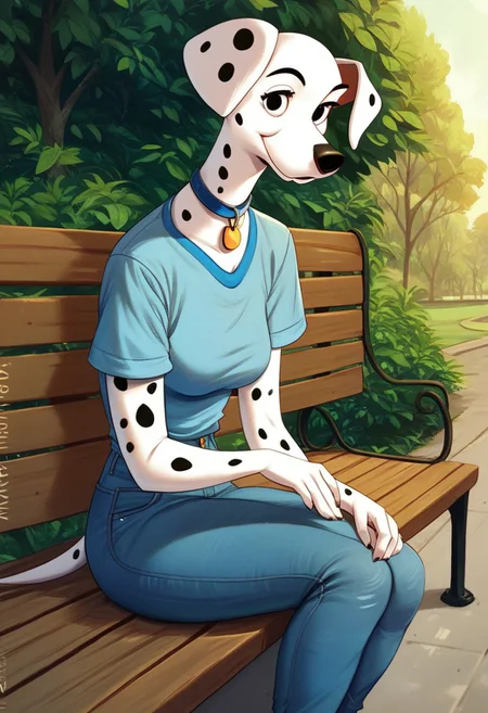 score_9, score_8_up, score_7_up, score_6_up, score_5_up, score_4_up, solo, perdita101, anthro, dalmatian, shirt, jeans, looking at viewer, sitting on bench, park, outside