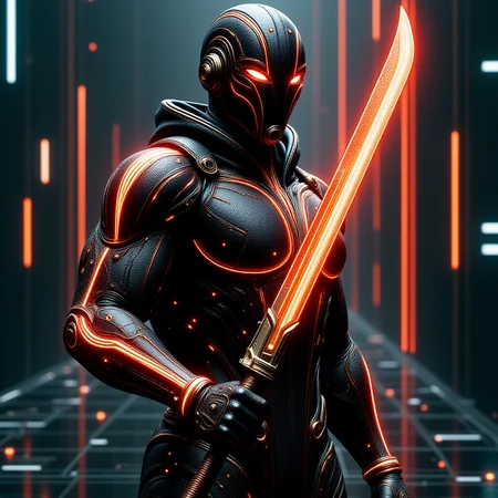 a dkneon <lora:cyberFlux:.65> mad-cybrspace, cyber, circuits, glowing lines, cyberspace warrior, made completely out of <lora:leatherflux:.81> made completely of leather, <lora:dkneon2:.651>