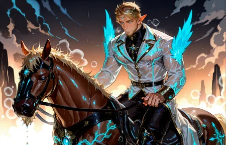 <lora:pose_Riding_for_Illustrious:.7> giddyup, horseback riding <lora:addon_sweaty_v2:1.3>, ((sweatILL, sweaty, steamy, wet skin, sweatdrop)),
<lora:Nasario__Alchemist_Code-000003:.7>, tagatamenasario, 1boy, elf, blonde, middle hair, blue eyes, gold hair ornament, hair accessory, solo, male focus, manly, mature male, bara, muscle body, coat, shirt, turtleneck, long sleeves, gold trim, glowing pattern, pants, full-leg boots,
cowboy shot,
(very short hair, beard, bara, mature, facial hair, stubble, beard, full beard, sideburn, beard, a lot of beard, ), facial hair,male focus, muscular male, muscular male, bara, mature,  bara, mature, aixiwuganda_(20222192), very awa, masterpiece, best quality, absurdres, newest, perfect quality, detailed background, intricate details,
<lora:slider_Body Type_alpha1.0_rank4_noxattn_last:3><lora:Anime Summer Days 2 Style SDXL_LoRA_Pony Diffusion V6 XL:.6><lora:slider_cfg_scale_boost:.7><lora:Artist6p:.55>, Artist6p, Artist04p,<lora:slider_il_brightness_slider_d1:-1><lora:slider_il_contrast_slider_d1:-1><lora:slider_DarkSlider1.2_alpha1.0_rank16_full_300steps:-.6><lora:slider_contract_controller_illus01_v1:.5>,