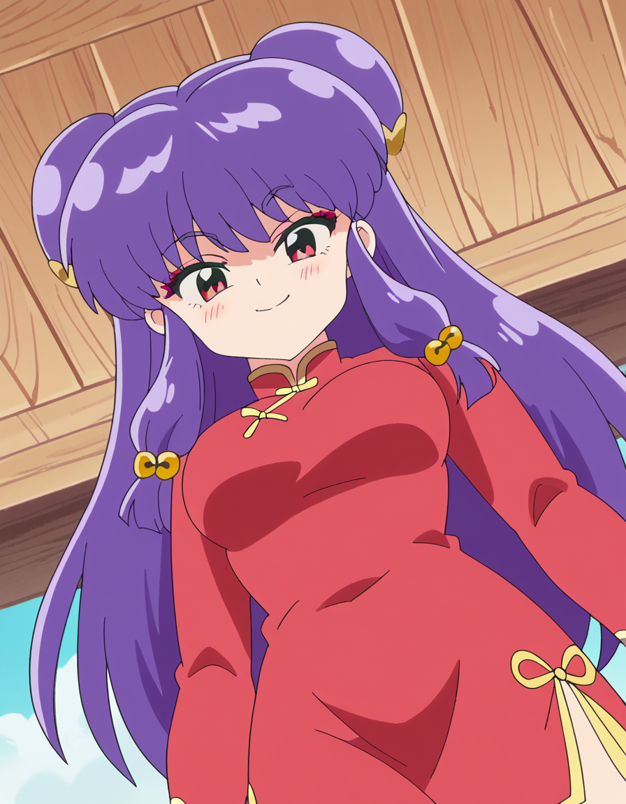 score_9, score_8_up, score_7_up, source_anime, <lora:shampoo-s1-ponyxl-lora-nochekaiser:1>, shampoo, shampoo (ranma 1/2), long hair, hair ornament, red eyes, purple hair, hair bun, double bun, medium breasts, anime screencap,, dress, chinese clothes, china dress, red dress, long sleeves,, amphitheater, seats, outdoor, stage, large, smile, <lora:pec-pov-ponyxl-lora-nochekaiser:1> pec pov, pec pov (meme), meme, looking down, from below, blush, cowboy shot, looking at viewer, solo,, dutch angle, cowboy shot