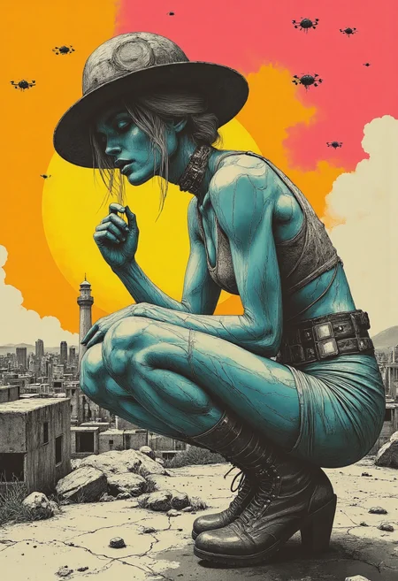 In a gritty cyberpunk landscape, an eerie and haunting digital illustration presents the extreme close-up of a female indigenous Australian lighthouse keeper. With golden age aesthetics blending seamlessly with contemporary elements, she exhibits wholesome features characterized by deep blue eyes, small ears, a strong jawline, sculpted ankles, platinum blonde textured haircut, and contentment etched onto her face. The lighthouse keeper dons tech-mesh culottes, augmented reality bustier with holo-metallic combat boots, a wide-brim hat featuring solar-powered belt buckle, and techno-lace adornments. She crouches low, arms close to her body, and eyes darting around in an agile stance that mimics stealthiness. Her appearance is weathered yet menacing, with an unnerving smile revealing striking eyes and grotesque features. Accompanied by another figure whose hand she grasps, the lighthouse keeper embodies companionship amidst a bleak cityscape under constant surveillance from hovering drones. The artwork's background is a vibrant neon fluorescent monochromatic gradient in bleached tones combined with gray and white color grading for an intensely dramatic effect, capturing the grimy luminance of the dystopian world., <lora:Litograph_Art_Style_for_Flux_-_by_Ethanar:0.5> Lithograph,<lora:Chris_Luka:0.5> Chris Luha art,<lora:Dark Visions:0.5> darkvisions,<lora:Teal Sunset v2.0_epoch_3:0.5>