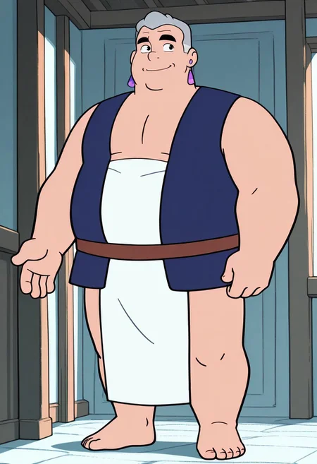 detailed background, solo, max, grey hair, 1boy, short hair, chubby, smile, masterpiece, perfect quality, best quality, detailed, newest, very aesthetic, Z00Man0utfit, blue vest, white loincloth, brown belt, purple earrings, bare feet, bare chest