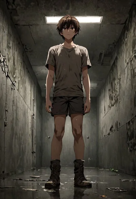 Highres, Masterpiece, High Quality, 4K, 8K, solo, 1Boy, Seiya Kanie, short dark brown hair, golden eyes, interrogation room, kidnapper, basement, dark, dimly lit, concrete walls, eerie, abandoned room, damp, stuffy, concrete floor, satisfied expression, revenge, looking down at viewer from bottom, threatening, intimidating, dominant, standing on top, weapons, rulers, easynegative, detailed_eye_model