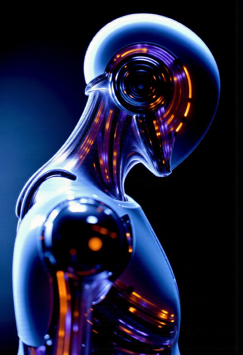 faceless android in the style of ckfa. Modular humanoid design. Future AI robot. 
Fractals and bokeh swirl in brilliant shades of blue, purple and red. burned colors glowing with orange heat. Bands of white light dash across the canvas. High saturation and contrast. sharp lines come into focus.
high-contrast palette, highly detailed, cinematic quality, modern art, timeless feeling || DarkAtmosCE style, vantablack, Rembrandt Lighting style, partially covered in shadows, Chiaroscuro Lighting Style, Covered in shadows