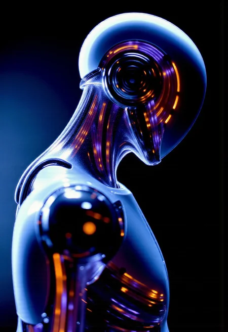 faceless android in the style of ckfa. Modular humanoid design. Future AI robot.
Fractals and bokeh swirl in brilliant shades of blue, purple and red. burned colors glowing with orange heat. Bands of white light dash across the canvas. High saturation and contrast. sharp lines come into focus.
high-contrast palette, highly detailed, cinematic quality, modern art, timeless feeling || DarkAtmosCE style, vantablack, Rembrandt Lighting style, partially covered in shadows, Chiaroscuro Lighting Style, Covered in shadows
