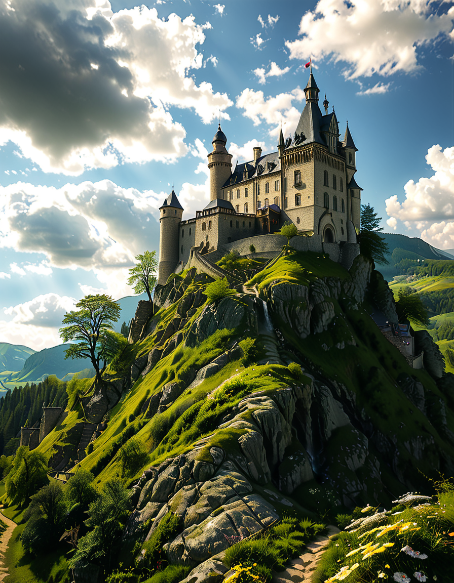 A realistic photograph of a grand medieval castle,medieval c4stl3, perched atop a rugged hill, surrounded by a scenic landscape. The castle is constructed from weathered gray stone, with tall, imposing towers, battlements, and a fortified wall encircling its perimeter. A large central keep rises above the other structures, its windows narrow and arched, evoking a sense of strength and history.
The hill is covered in patches of green grass and rocky outcrops, with a winding dirt path leading up to the castle gates. In the foreground, the surrounding countryside stretches out, dotted with small trees and wildflowers, while in the distance, rolling hills and a faint mist add depth and atmosphere to the scene. The sky above is partly cloudy, with rays of sunlight breaking through, casting dramatic shadows on the castle and hill.
The overall mood is majestic and timeless, capturing the grandeur and mystery of medieval architecture in harmony with its natural surroundings.<lora:SDXLFaeTastic2400:0.4> <lora:extremely_detailed:0.4> extremely detailed, <lora:medieval_c4stl3:1>, Masterpiece,best quality,hi res,8k,hi res,8k,award winning,(sharp focus, intricate, highly detailed),