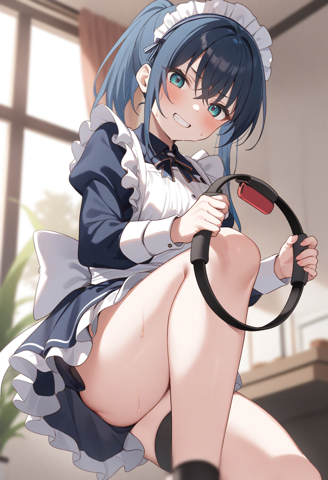 1girl,sincos, ningen mame, toosaka asagi,solo,medium breasts,20yo,maid,maid headdress,
ring fit adventure, knee lift, ring-con, sweat, standing on one leg, running,holding,
<lora:ringfitadventure_XL_v1:0.8>
from below, cowboy shot, looking to the side, blue hair, green eyes,grin, open mouth, bow-shaped hair,,
best quality, very aesthetic, absurdres