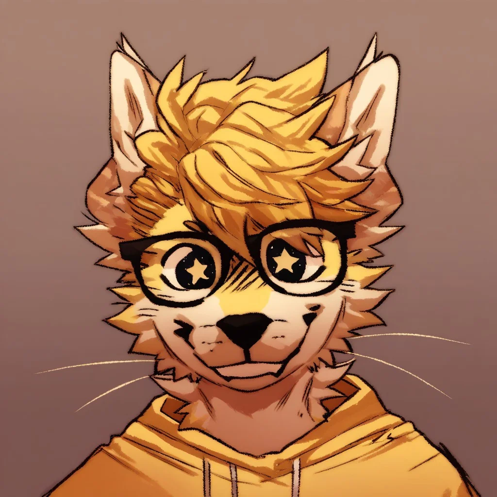 embedding:urn:air:sd1:embedding:civitai:222256@250708, score_9, score_8_up, score_7_up, furry, male furry, blonde fur, pale yellow fur, body fur, headshot, black glasses, smile, starry eyes, by maggotnizer