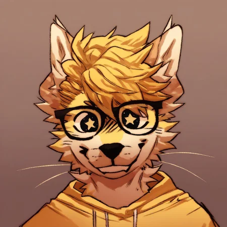 embedding:urn:air:sd1:embedding:civitai:222256@250708, score_9, score_8_up, score_7_up, furry, male furry, blonde fur, pale yellow fur,  body fur, headshot, black glasses, smile, starry eyes, by maggotnizer