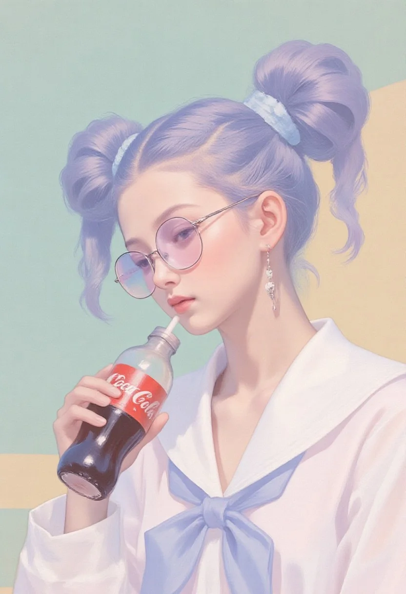 A close-up hyper-realistic portrait of a young woman with soft porcelain skin, channeling a 90s retro Japanese aesthetic. Her eyes are hidden behind oversized, translucent purple sunglasses with a light tint, exuding a cool, mysterious charm. Her hair is styled in voluminous twin buns, each adorned with pastel blue scrunchies and tiny plastic charm clips. She wears chunky, translucent purple earrings that reflect the ambient light. Her outfit is a frilly, baby-pink sailor blouse with a wide collar, pleated accents, and soft lace trimming—nostalgic and playful. In her right hand, lifted near her cheek, she holds a classic glass bottle of Coca-Cola with a paper straw, its deep red label contrasting with the pastel color palette. The background is a gradient wash of soft mint green and faded peach, creating a dreamy, vintage mood. The lighting is soft and diffused, giving the scene a smooth, candy-gloss finish. The entire image blends vaporwave textures with 90s shōjo magazine charm, focusing on fashion, youth, and stylized surreal realism. (xijie_blue, illustrated, aesthetic_pos3, dynamic_pos3)