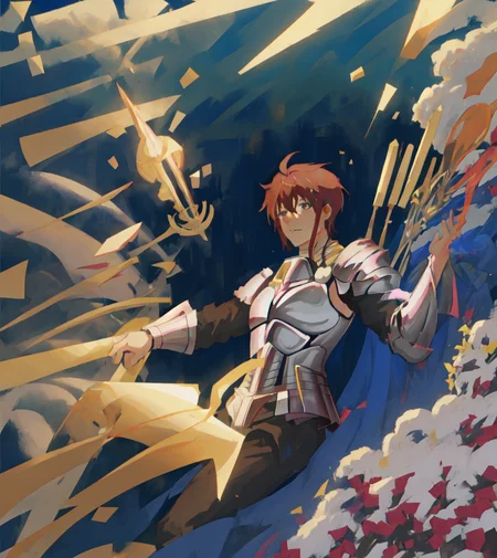 boshin, solo, 1boy, a lot of daggers floating in the air, reaching
<lora:bofuri_extract_convP01_linearP04:1>