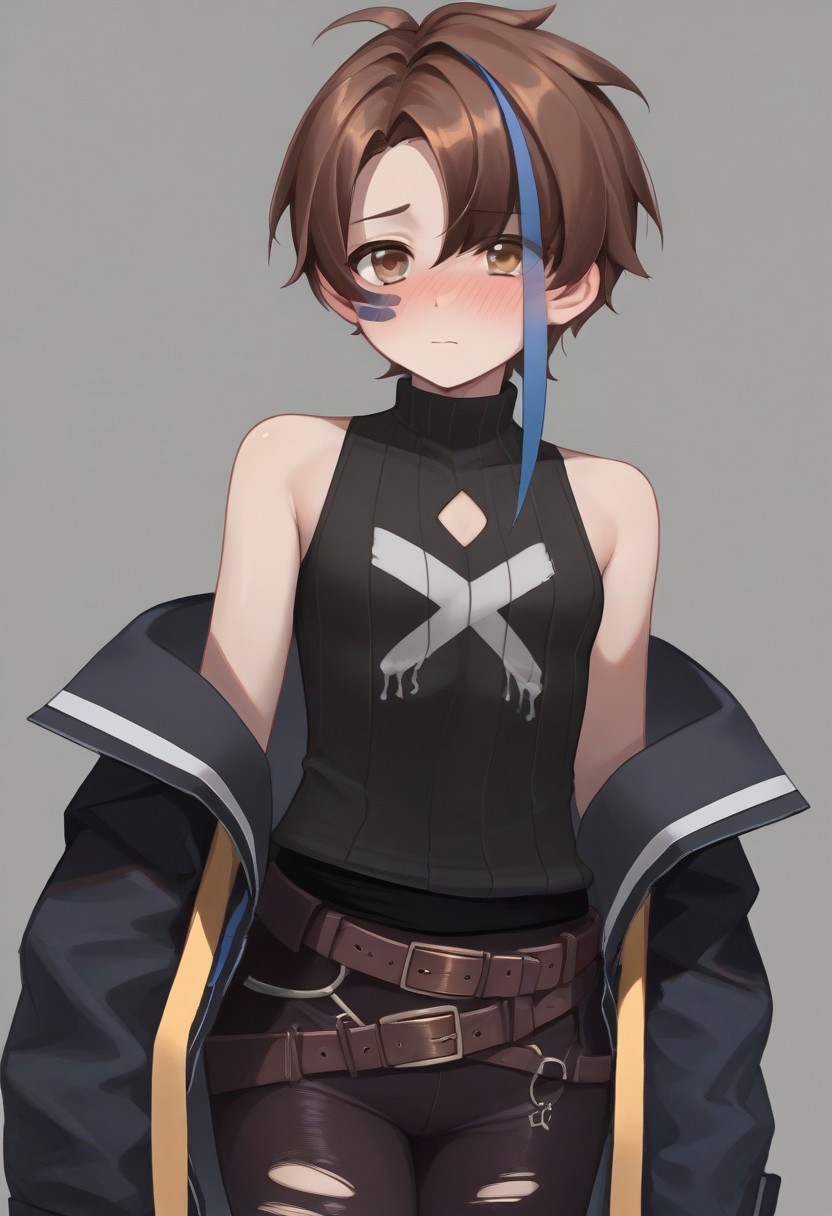 score_9, score_7_up, source_anime, BREAK, standing, blush, brown hair, multicolored hair, streaked hair, blue hair, hands at sides, off-shoulder, jacket, torn pants, belt, gloves, sleeveless, tank top