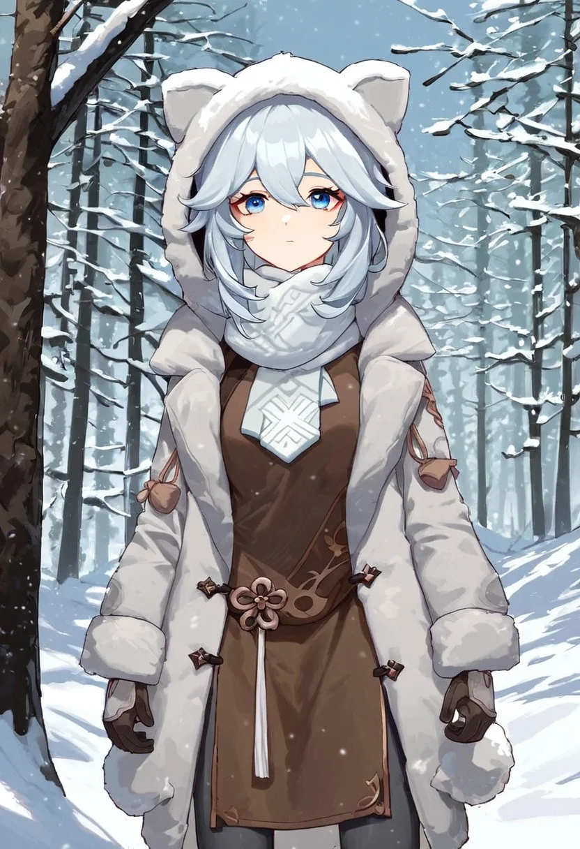 Score_9, score_8_up, score_7_up, Genshin Impact Style, source_anime, snow, ice forest, 1girl, solo,
White hair, fur hood over hair, grey fur hood, fur snow coat, pale blue eyes, standing, facing viewer, staring at viewer, brown cloth around chest, white cloth around chest, white ragged cloth, white ragged scarf, white snow gloves, grey fur boots, dark grey pants