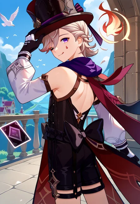 score_9, score_7_up, source_anime
lyney, 1boy, male focus, solo, purple eyes, blonde hair, short hair, braid, hair over one eye, teardrop facial mark, ouji fashion, hat, top hat, black headwear, capelet, center frills, corset, detached sleeves, long sleeves, puffy long sleeves, puffy sleeves, gloves, black gloves, shorts, black shorts, vision (genshin impact), hand on headwear, from back, looking back, spell, magic, doves, cards, tongue out, smile, one eye closed, birds, flame,
outdoor,