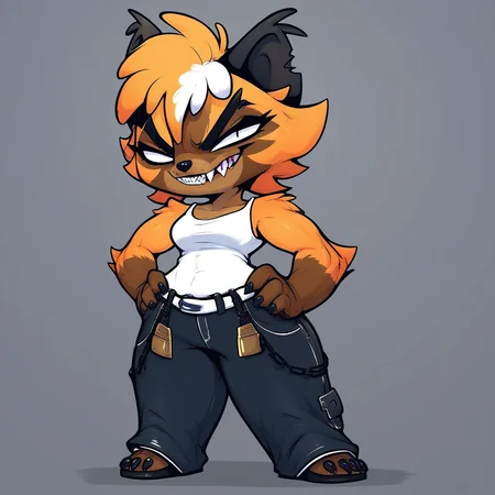 score_9, score_8_up, score_8, score_7, source_cartoon, SUEY(PTS), solo, 1girl, anthro, furry female, wolverine, badger, hybrid, orange and brown fur, two-toned fur, orange and white hair, two-toned hair, short hair, black ears, Heterochromatic eyes, shortstack, full body, looking at viewer, white tank top, white belt, black jeans, evil grin, fangs, standing, hands on hips, white background,