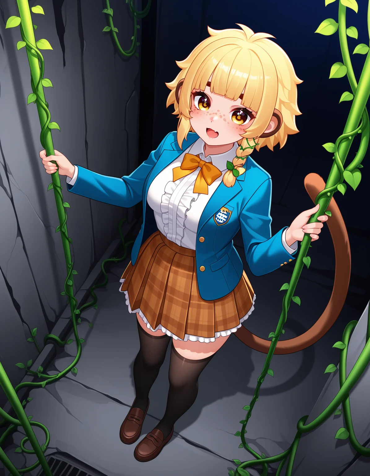 1girl, solo, <lora:BananaJuju_v2:0.8> bananajuju, short hair, symbol in eye, side braid, blunt bangs, vines, freckles, monkey ears, monkey tail, skin fang, blunt bangs, blonde hair, medium breasts,
debate team uniform, blazer, ruffled blouse, plaid skirt, thighhighs, loafers, (long shot), detailed face, located in a ruined world at a decayed bunker during night with radioactive weather, illuminated by eerie glow, creating a harsh,desolate atmosphere
