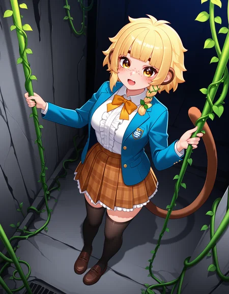 1girl, solo, <lora:BananaJuju_v2:0.8> bananajuju, short hair, symbol in eye, side braid, blunt bangs, vines, freckles, monkey ears, monkey tail, skin fang, blunt bangs, blonde hair, medium breasts,
debate team uniform, blazer, ruffled blouse, plaid skirt, thighhighs, loafers, (long shot), detailed face, located in a ruined world at a decayed bunker during night with radioactive weather, illuminated by eerie glow, creating a harsh,desolate atmosphere