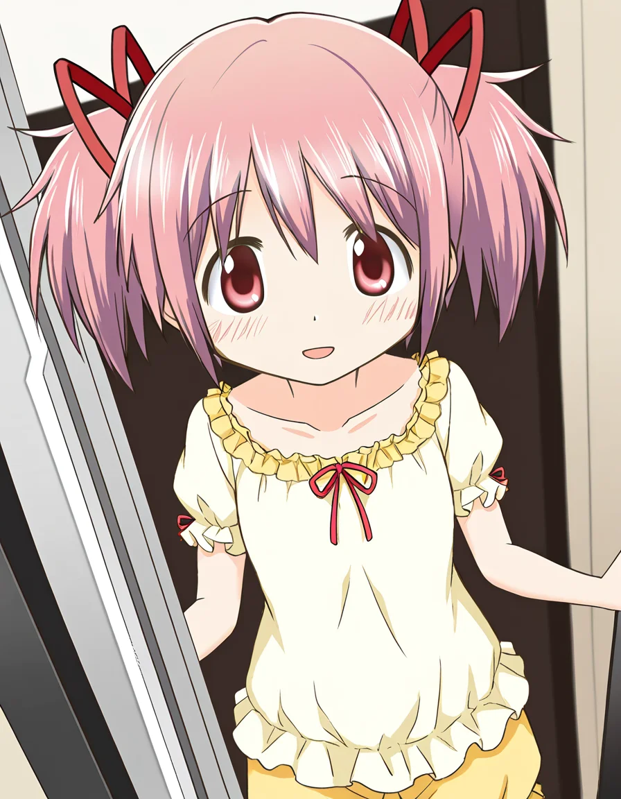 masterpiece, best quality, newest, absurdres, highres, safe, 1girl, kaname madoka \(pajamas costume\), magia record: mahou shoujo madoka magica gaiden, solo, indoor, dutch angle, <lora:20241222214529_kaname_madoka_noobaiXLNAIXL_vPred10Version:0.7>