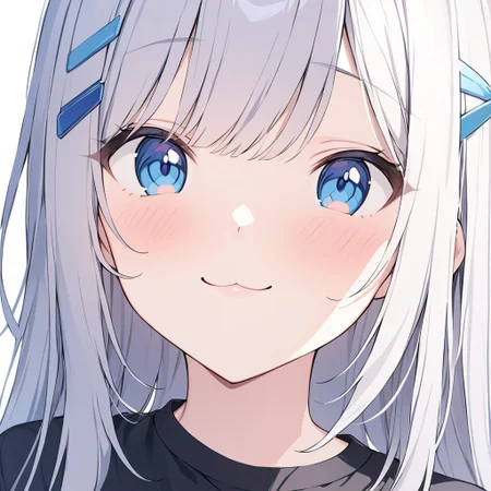 masterpiece, best quality, white hair, blue eyes 1girl, (ultra-detailed),(best illustration), cute, looking at viewer, medium breast, casual, white backgrounds, solo, long hair, easynegative, empty background, fit to frame, straight hair, blue hairpin, black shirt , :3 smile, shy