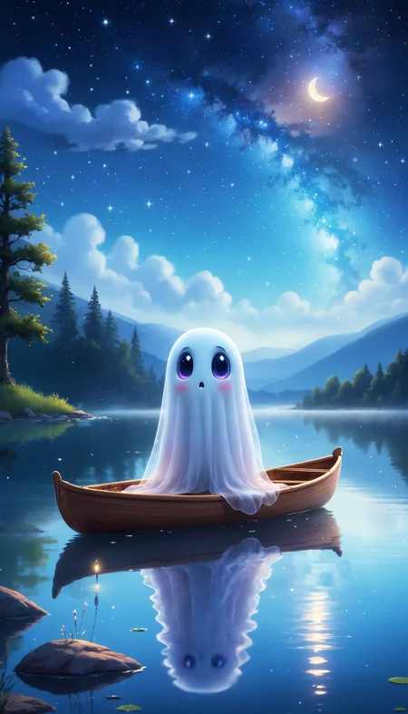 Pixar style, very small sad floating ghost, dot eyes, melancholic expression, floating alone at the lake, serene night time setting, starry sky, glowing moon reflection on the water, soft natural lighting, whimsical atmosphere, ethereal glow, ultra-quality, fine details, enchanting scene, magical elements, peaceful setting, gentle ripples in the water, misty fog hovering over the lake, reflective water surface, lush s