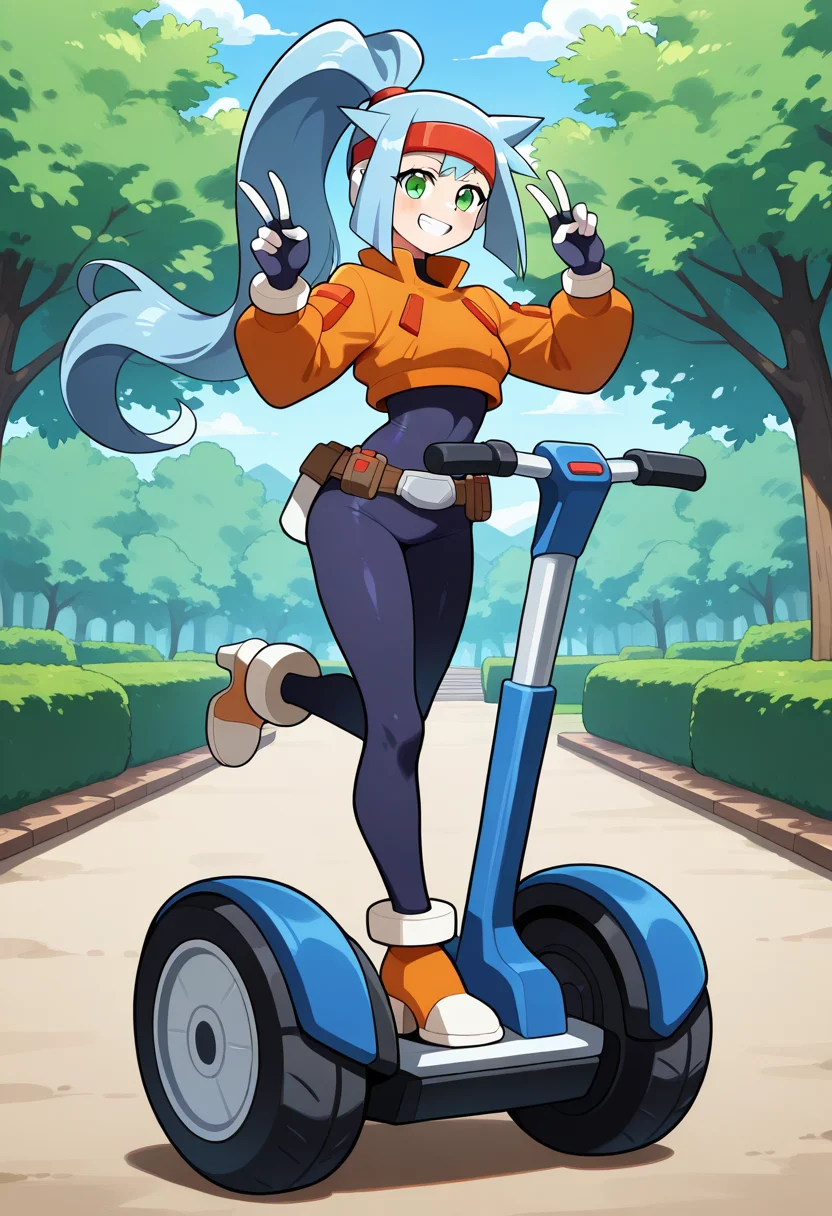 segw4y, riding segway, on segway, 1girl, solo, ashemmzxa, blue hair, long hair, high ponytail, headband, green eyes, robot ears, bodysuit, crop top, long sleeves, white bracelet, belt, high heels, full body, outdoors, park, on one leg, v, peace, smile, teeth, looking at viewer,