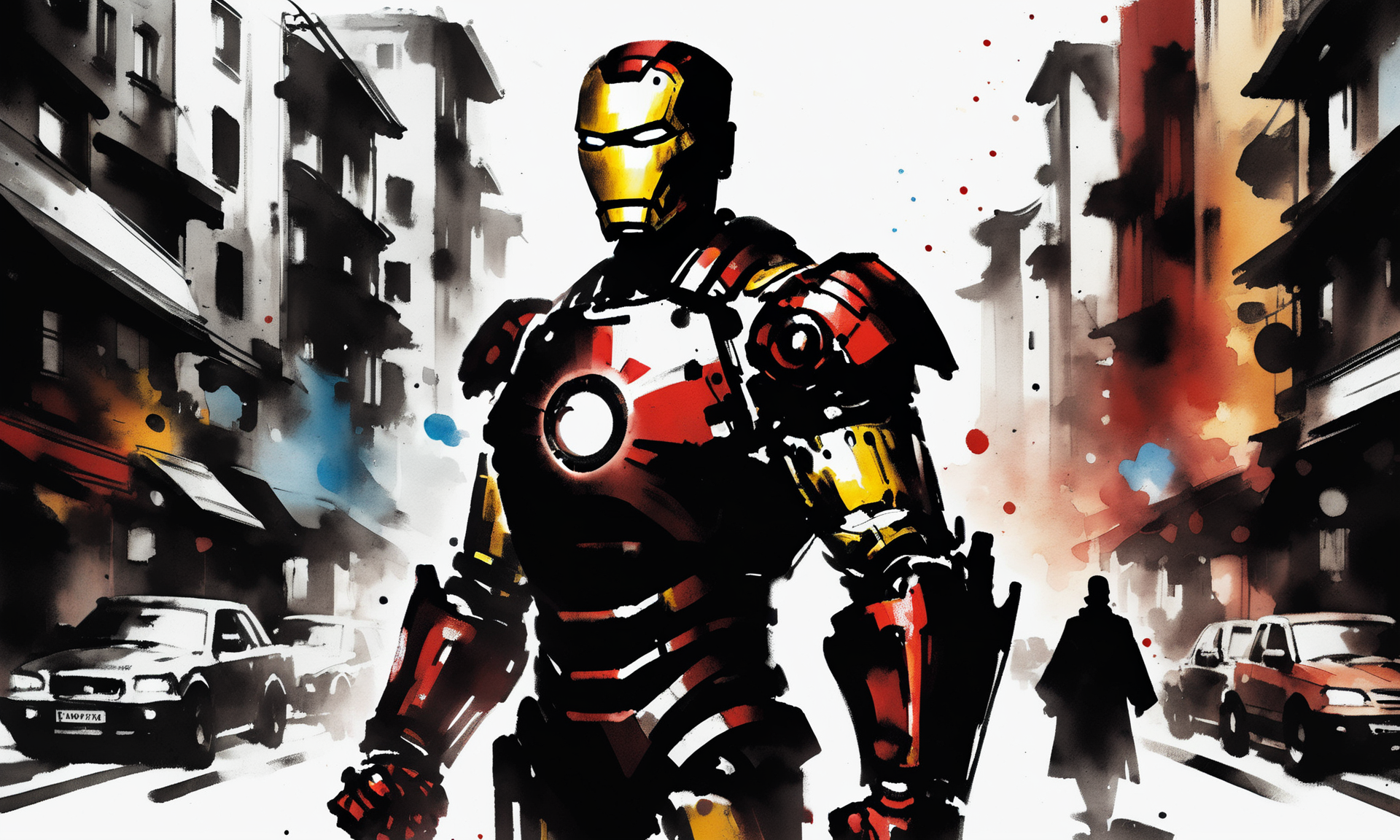 <lora:cipcd_xl-000005:0.9>,a colorful theme cipcd_xl painting,iron man standing in street,looking at viewer,upper body,solo,white background,simple background,simple detailed,8K,HDR,UHD,masterpiece,best quality,high resolution,wallpaper