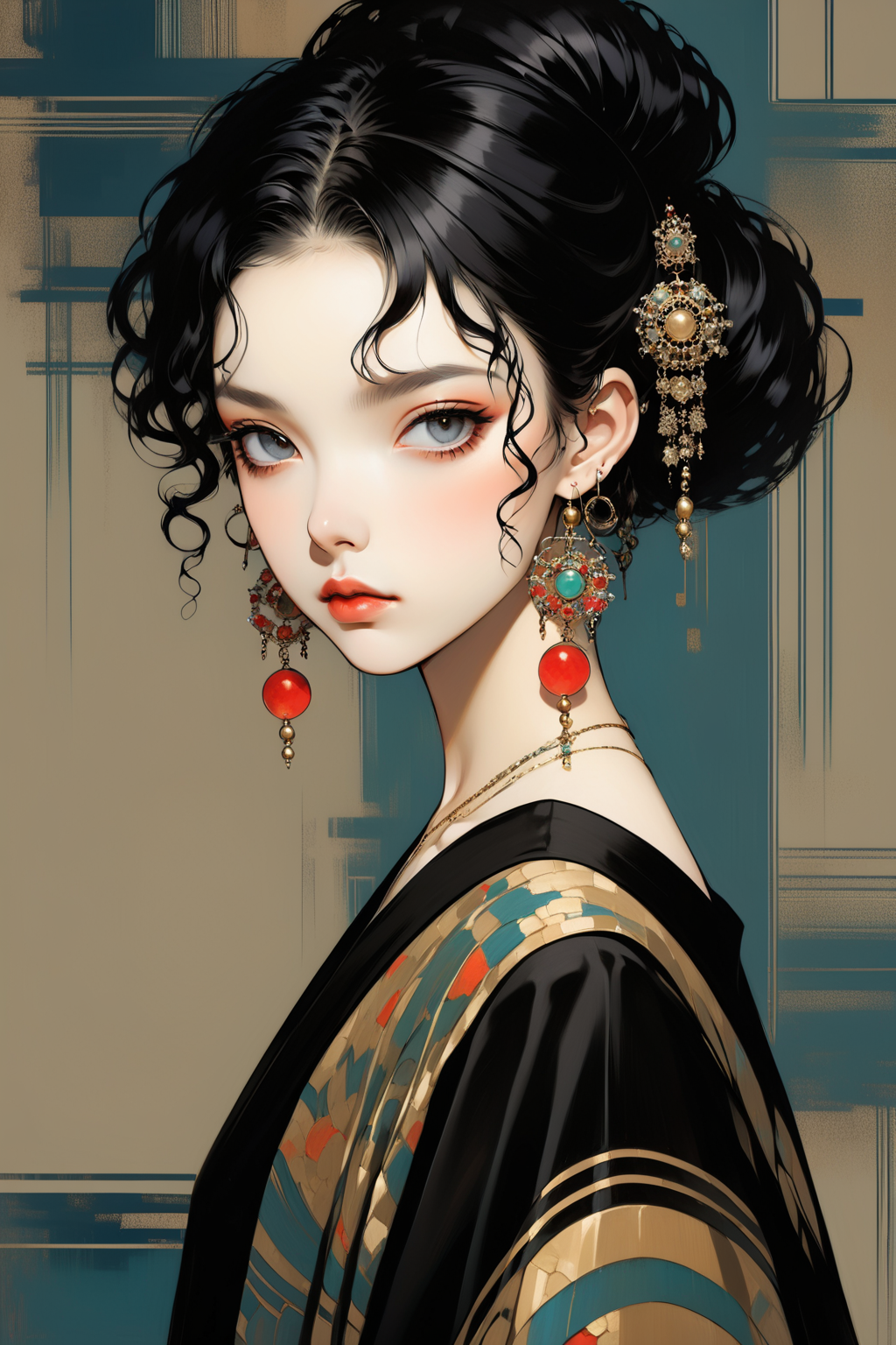 <lora:NHmix:0.8>,BZ,jewelry,black hair,1girl,earrings,solo,looking at viewer,
