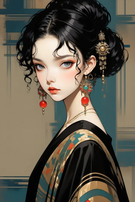<lora:NHmix:0.8>,BZ,jewelry,black hair,1girl,earrings,solo,looking at viewer,