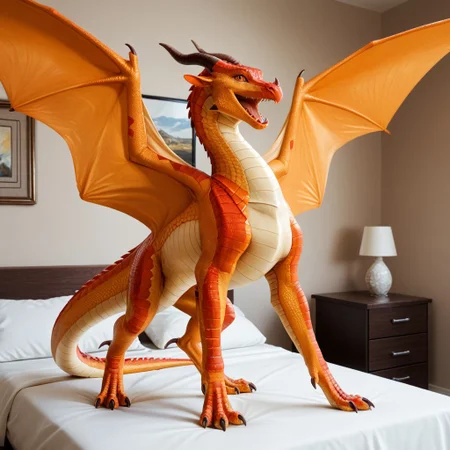 score_9, score_8_up, score_7_up, score_6_up, score_5_up, score_4_up, masterpiece, high quality, realistic, detailed, best quality, solo, rating_safe, source_furry, bedroom, smiling, open mouth smile, happy, detailed eyes, detailed face, (looking at viewer), standing, skywing_wof, dragon, scales, orange scales, wings, tail, horns, claws, 1girl, female, orange eyes, feral, spread wings