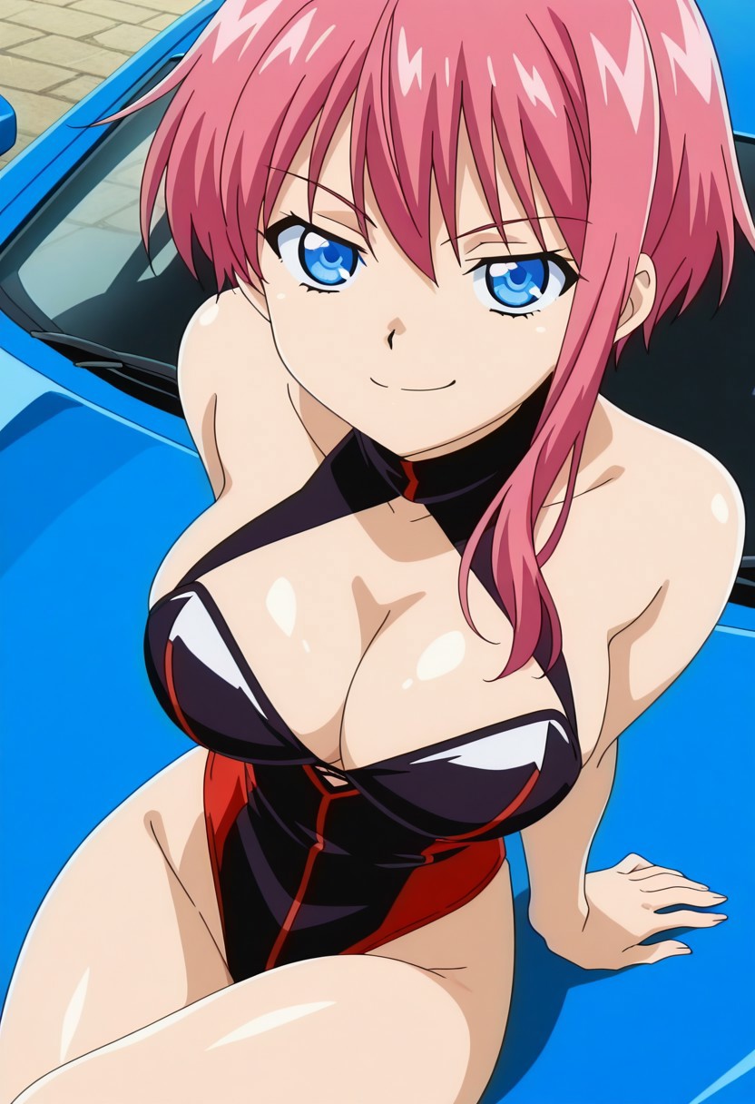 finetuneanime,anime screencap, official art, detailed anime, ultra detailed anime art, anime screencap, screencap, score 9, score 8 up, score 7 up, masterpiece, anime coloring, source anime,
BREAK
MionBase, 1girl, blue eyes, solo, pink hair, short hair with 1long lock, large breasts, curvy, fair skin, shiny skin, smoothy skin, fair skin, fair skin, NEGATIVE_HANDS, 
BREAK
race queen, red and black leotard, highleg leotard, 
BREAK
cars, sitting on blue car, cleavage, alluring, detailed eyes, eye contact, looking at viewer, smug, high angle, sexy pose, leg up, day, detailed background,