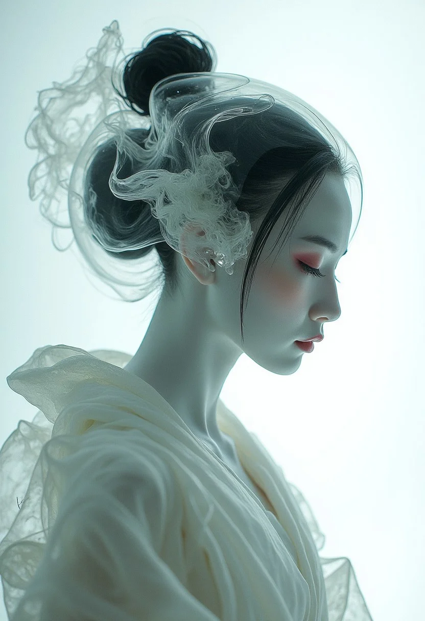 A geisha in Sorayama style with a thick layer of clear glass head and face, flowing fractal beneath the surface, elegant kimono pose made of glass, white angelic scene, futuristic, <lora:models\Flux\Elden_Ring_-_Yoshitaka_Amano:0.75>,,