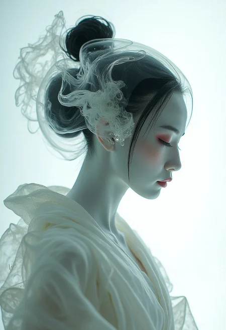 A geisha in Sorayama style with a thick layer of clear glass head and face, flowing fractal beneath the surface, elegant kimono pose made of glass, white angelic scene, futuristic, <lora:models\Flux\Elden_Ring_-_Yoshitaka_Amano:0.75>,,