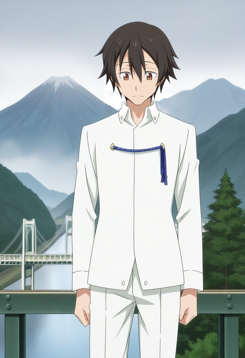 masterpiece, best quality, intricate details, anime screencap, anime coloring, official style,, 1boy, solo, male focus, <lora:yuuki_kagurazaka_ilxl:0.96>, yuuki_kagurazaka, black hair, brown eyes, short hair, hair between eyes, white shite, collared shirt, blue ribbon, white pants, suspension bridge, fog, tree, mountain, crossing bridge, dawn, careful steps, looking down, ,