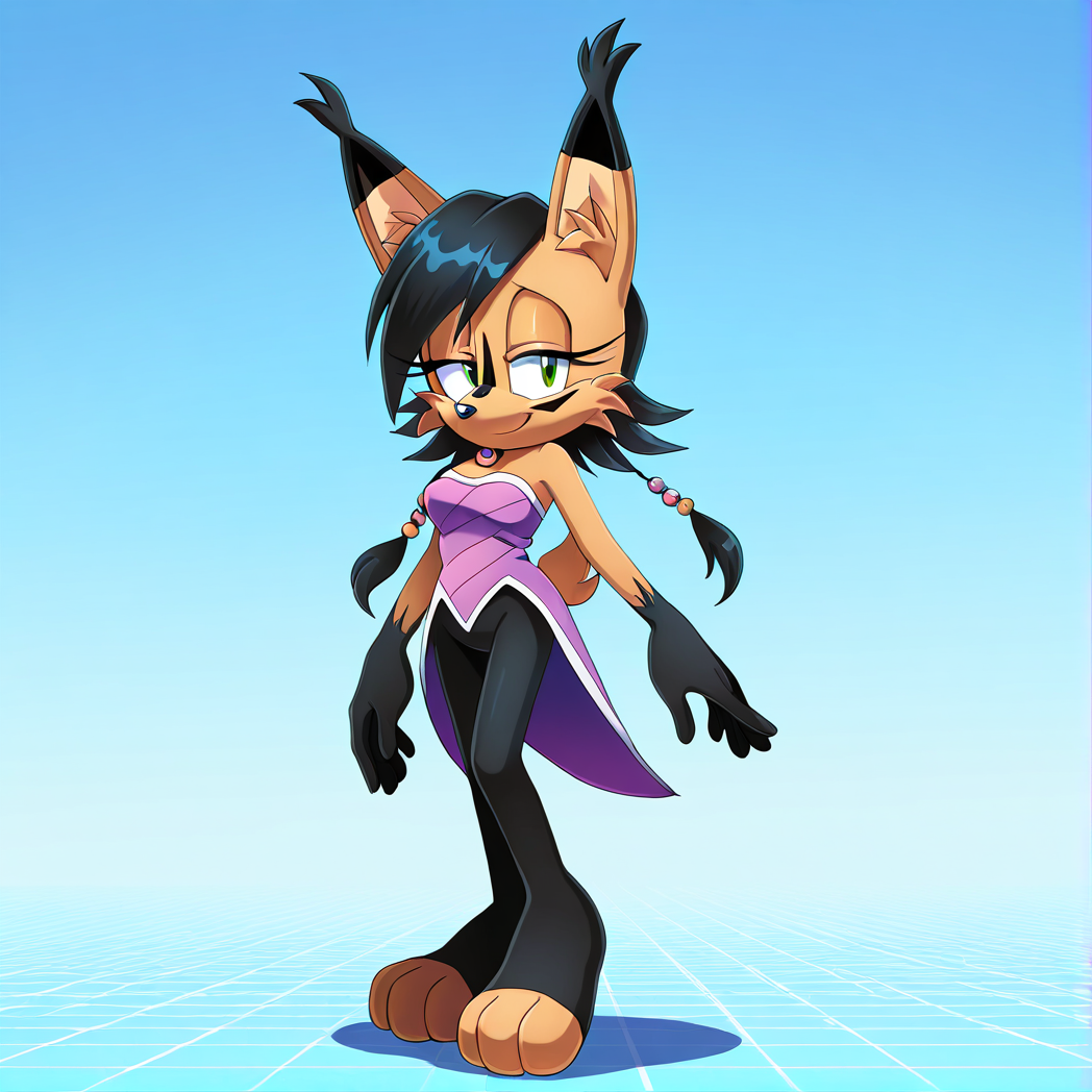<lora:nicole_lynx_illustrious-000010:1>,  (masterpiece), (best quality), (ultra-detailed), amazing quality, very aesthetic, illustration, perfect composition, intricate details, absurdres, incredibly absurdres, nicole the lynx, 1girl, breasts, looking at viewer, smile, short hair, gloves, bare shoulders, jewelry, green eyes, standing, tail, full body, pantyhose, black pantyhose, strapless, half-closed eyes, sonic the hedgehog \(series\), furry, furry female, black hair, animal ears, animal nose, animal ear fluff, solo, solo focus, body fur, brown fur, facial markings, 1girl. solo,