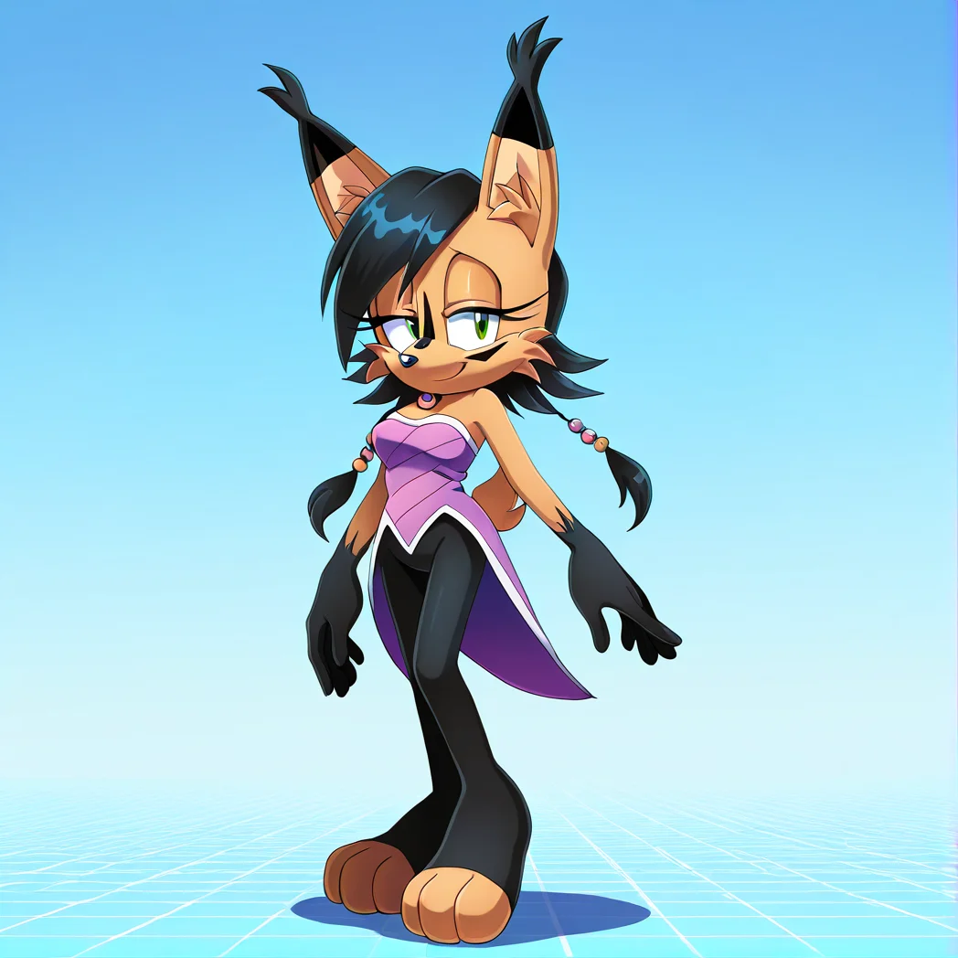 <lora:nicole_lynx_illustrious-000010:1>,  (masterpiece), (best quality), (ultra-detailed), amazing quality, very aesthetic, illustration, perfect composition, intricate details, absurdres, incredibly absurdres, nicole the lynx, 1girl, breasts, looking at viewer, smile, short hair, gloves, bare shoulders, jewelry, green eyes, standing, tail, full body, pantyhose, black pantyhose, strapless, half-closed eyes, sonic the hedgehog \(series\), furry, furry female, black hair, animal ears, animal nose, animal ear fluff, solo, solo focus, body fur, brown fur, facial markings, 1girl. solo,