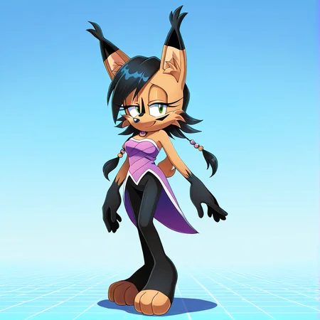<lora:nicole_lynx_illustrious-000010:1>, (masterpiece), (best quality), (ultra-detailed), amazing quality, very aesthetic, illustration, perfect composition, intricate details, absurdres, incredibly absurdres, nicole the lynx, 1girl, breasts, looking at viewer, smile, short hair, gloves, bare shoulders, jewelry, green eyes, standing, tail, full body, pantyhose, black pantyhose, strapless, half-closed eyes, sonic the hedgehog \(series\), furry, furry female, black hair, animal ears, animal nose, animal ear fluff, solo, solo focus, body fur, brown fur, facial markings, 1girl. solo,