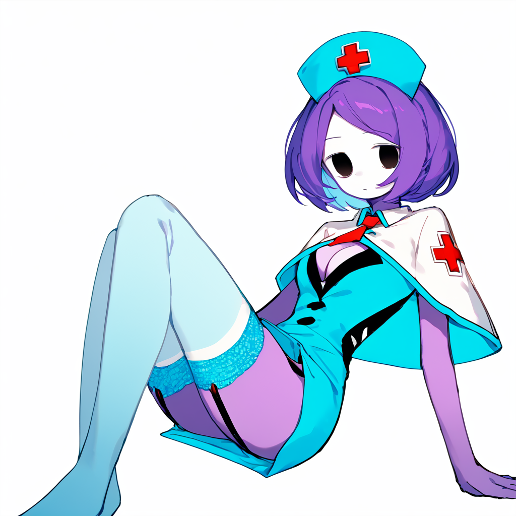 score_9, solo 
 <lora:cosmodance:1> cosmdance, red necktie, suit, round head, purple skin, white face, solid circle eyes, black vest, white undershirt, sleeveless, black eyes
 <lora:0401 Cling To Latex_v1_pony:0.8> ruanyi0401,nurse cap,short dress,blue dress,garter straps,white thighhighs,cleavage cutout,capelet,clothing cutout,