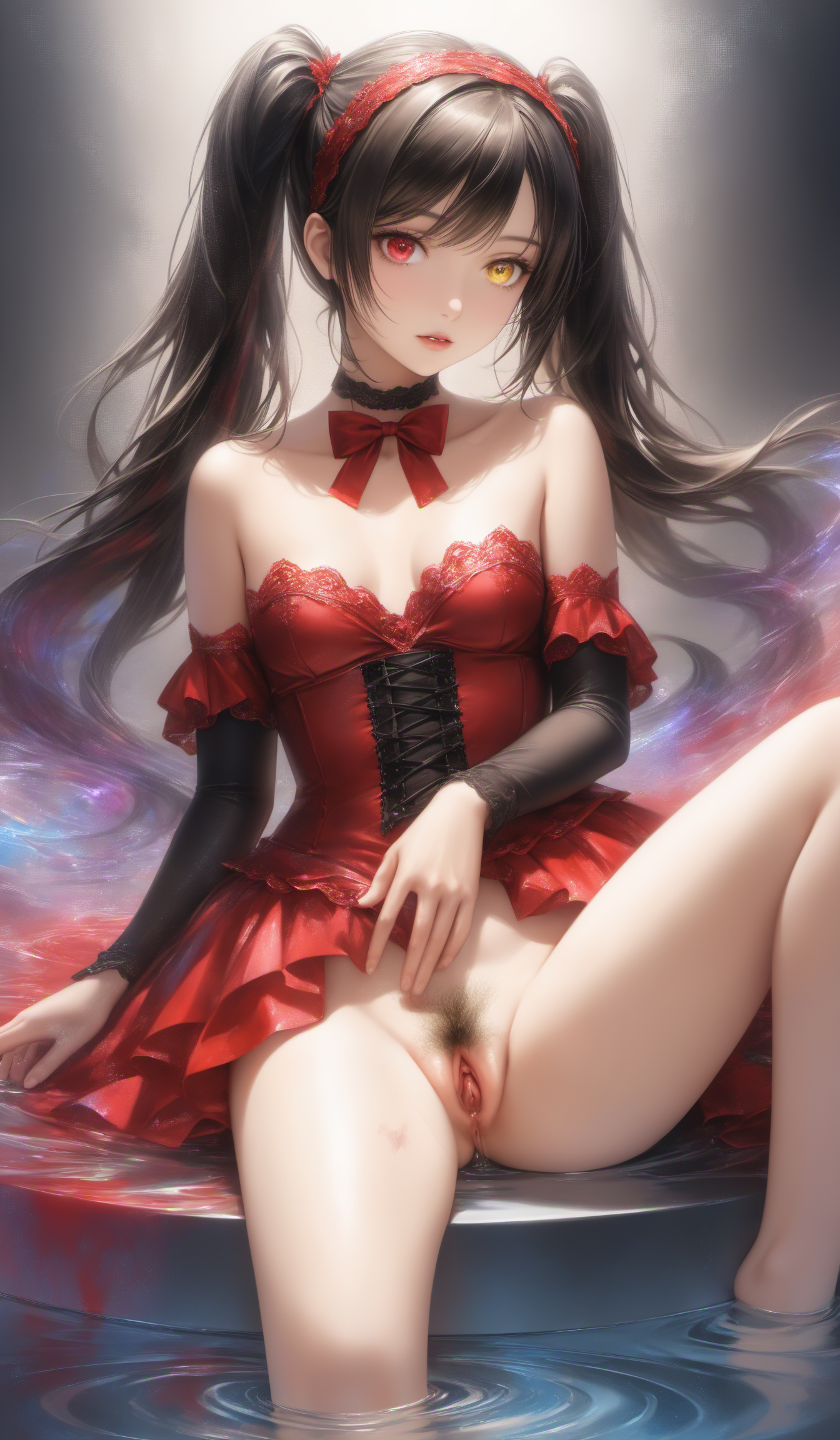 kurumi tokisaki astral dress, long hair, black hair, red eyes, twintails, yellow eyes, hairband, heterochromia, dress, red dress, bare shoulders, collarbone, choker, bowtie, red bowtie, detached sleeves, corset, frills,(masturbation, touching own pussy:1.4),(pubic_hair:1.4),
(Best quality,masterpiece,absurdres,ultra realistic:1.4),(Rococo:1.4),(close portrait:1.3),(((photo raw)), rossdraws global illumination Reflection/Refraction and Old Film/Scratches Overlay and Watercolor/Painting Effect and Double Exposure , ,),peerlessly , beautiful detailed eyes,(see-through_clothing),(Elegant),shine,glowing,sparkling,energy coalescing and vibrating,(dynamic angle,dynamic pose),full_body,lie_down,nsfw, topless, nude,charming,alluring,seductive,enchanting,cleavage,exposed,(Dream_wave:1.22),
(Around floating colorful blood:1.4)the most beautiful form of chaos,(geometric:1.4),(colorful flowers:1),
naked young woman ( peeing piss:1.4)  in hot tub ,  (small breasts:1.3) ,