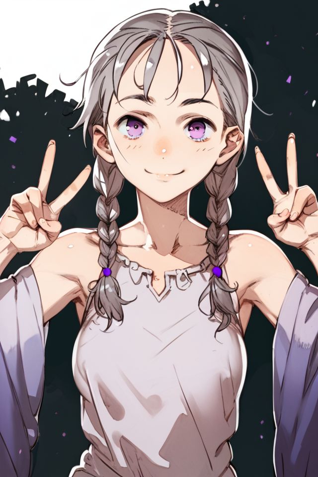 score_9, score_8_up, score_7_up, 1girl, naughty smile, dark_grey hair, side-swept_fringe, tri_braids, purple eyes, medium breasts, double_v, harbor, no light <lora:toi8_PonyXL_style_v01:1>