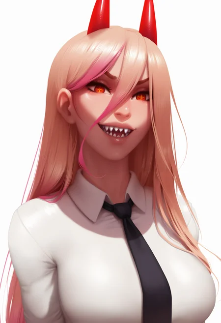 luminyu, best quality, amazing quality, very aesthetic, absurdres,
1girl, power \(chainsaw man\), pink hair, blonde hair, red horns, red eyes, cross-shaped pupils, long hair, sharp teeth, hair between eyes, symbol-shaped pupils,
collared shirt, black necktie, long sleeves,
looking at viewer, white shirt, open mouth,
simple background, white background, smile, upper body <lora:LuminyuIllustriousXL_byKonan:1>