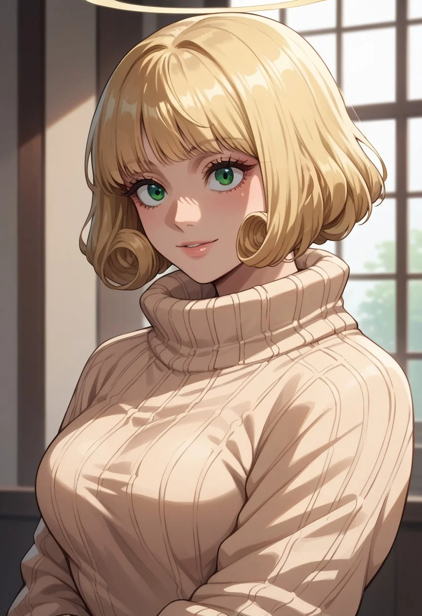 anime artwork, score_9, score_8_up, score_7_up, score_6_up, score_5_up, solo, perfect eyes, detailed eyes, beautiful female, detailed face, dynamics lines, 20 year old, perfect beautiful face, long eyelashes, sharp eyes pupils, (bedroom:1.3), (upper body:1.5), medium breasts, wide hips, hips,,1 girl,halo, blonde hair, short hair, bangs, curly hair, green eyes, beige sweater, smile