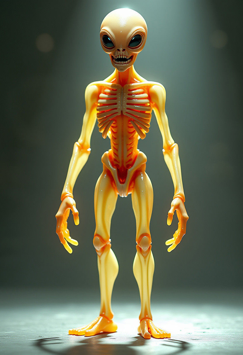 Hyper-realistic digital art. Full body shot. An alien-like creature stands upright. Translucent, light yellow and orange tones. Thin arms and legs, visible veins, sharp teeth. Dramatic rim lighting, subtle gradient shadows. 8k, UHD, incredibly detailed, masterpiece. Zbrush inspired, vivid color palette, cinematic lighting, Hollywood VFX quality, Andrew Averkin style, H.R. Giger's biomechanical influences, eerie atmosphere, razor-sharp focus, intricate textures, realistic skin simulation.