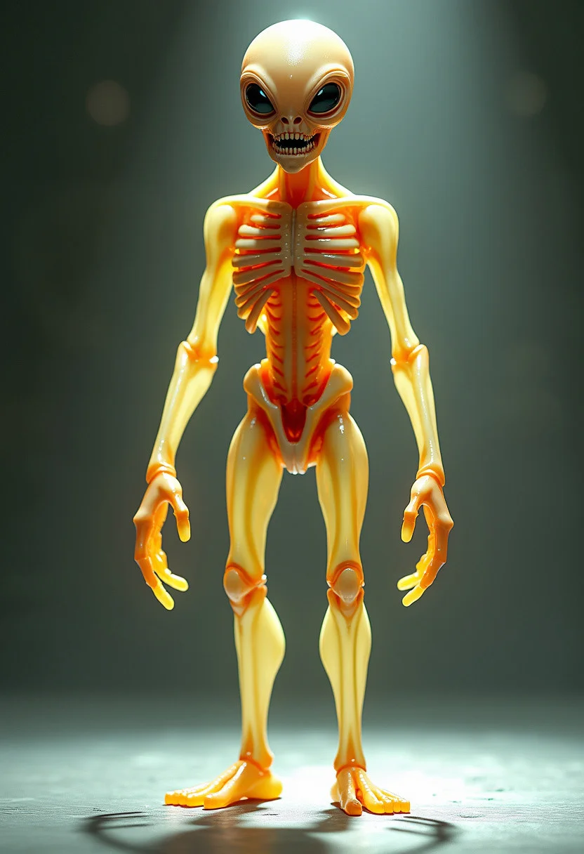 Hyper-realistic digital art. Full body shot. An alien-like creature stands upright. Translucent, light yellow and orange tones. Thin arms and legs, visible veins, sharp teeth. Dramatic rim lighting, subtle gradient shadows. 8k, UHD, incredibly detailed, masterpiece. Zbrush inspired, vivid color palette, cinematic lighting, Hollywood VFX quality, Andrew Averkin style, H.R. Giger's biomechanical influences, eerie atmosphere, razor-sharp focus, intricate textures, realistic skin simulation.