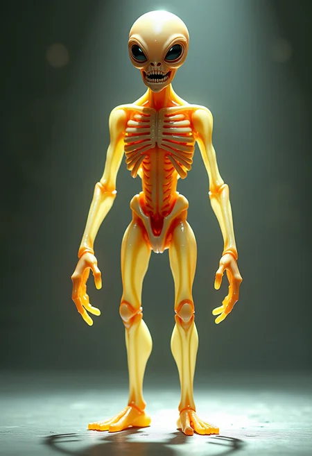 Hyper-realistic digital art. Full body shot. An alien-like creature stands upright. Translucent, light yellow and orange tones. Thin arms and legs, visible veins, sharp teeth. Dramatic rim lighting, subtle gradient shadows. 8k, UHD, incredibly detailed, masterpiece. Zbrush inspired, vivid color palette, cinematic lighting, Hollywood VFX quality, Andrew Averkin style, H.R. Giger's biomechanical influences, eerie atmosphere, razor-sharp focus, intricate textures, realistic skin simulation.