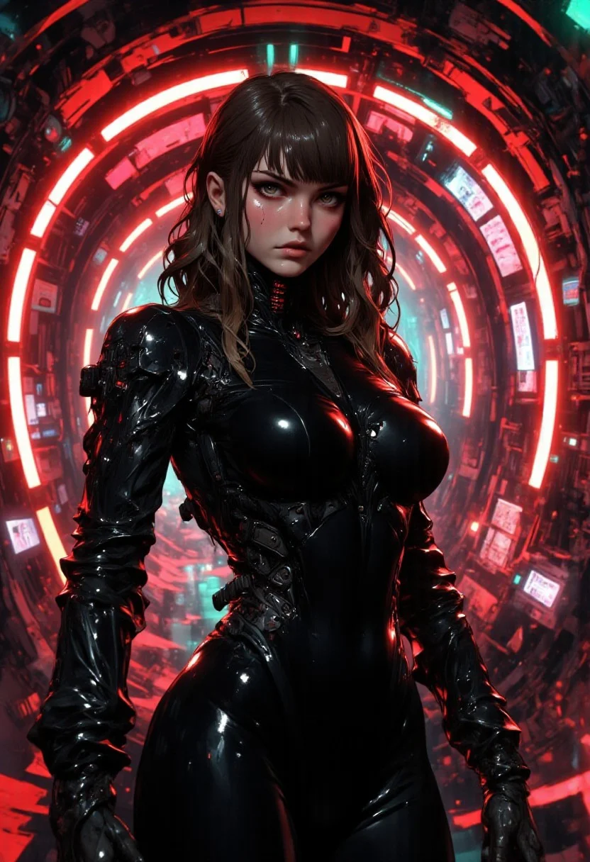This is a highly stylized CGI rendering of a young woman standing in a futuristic, neon-lit tunnel. The background features a series of arching, glowing neon lights that create a tunnel-like effect, with red and green hues dominating the scene. The woman, who appears to be in her early 20s, has fair skin and wavy, shoulder-length brown hair with bangs. She has a slender physique and is wearing a form-fitting, black latex bodysuit with a high collar, accentuating her small to medium-sized breasts and hourglass figure. The latex material is glossy, reflecting the neon lights, giving it a sleek and futuristic appearance. Her expression is intense and slightly pensive, with her lips slightly parted and her eyes gazing directly at the camera. The overall atmosphere of the image is modern and edgy, with a strong emphasis on the contrast between the woman's dark attire and the vibrant neon lighting. The textures of the latex and the neon lights are rendered with a high level of detail, giving the image a hyper-realistic quality.
BREAK anime, OBdonman, d13s3lp2nk, mad-mdrnmnmlsm, bboil artist style